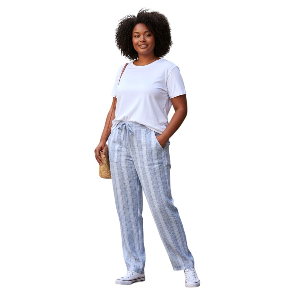 George & Martha 100% Linen Drawstring Pants Light Blue Striped Size L